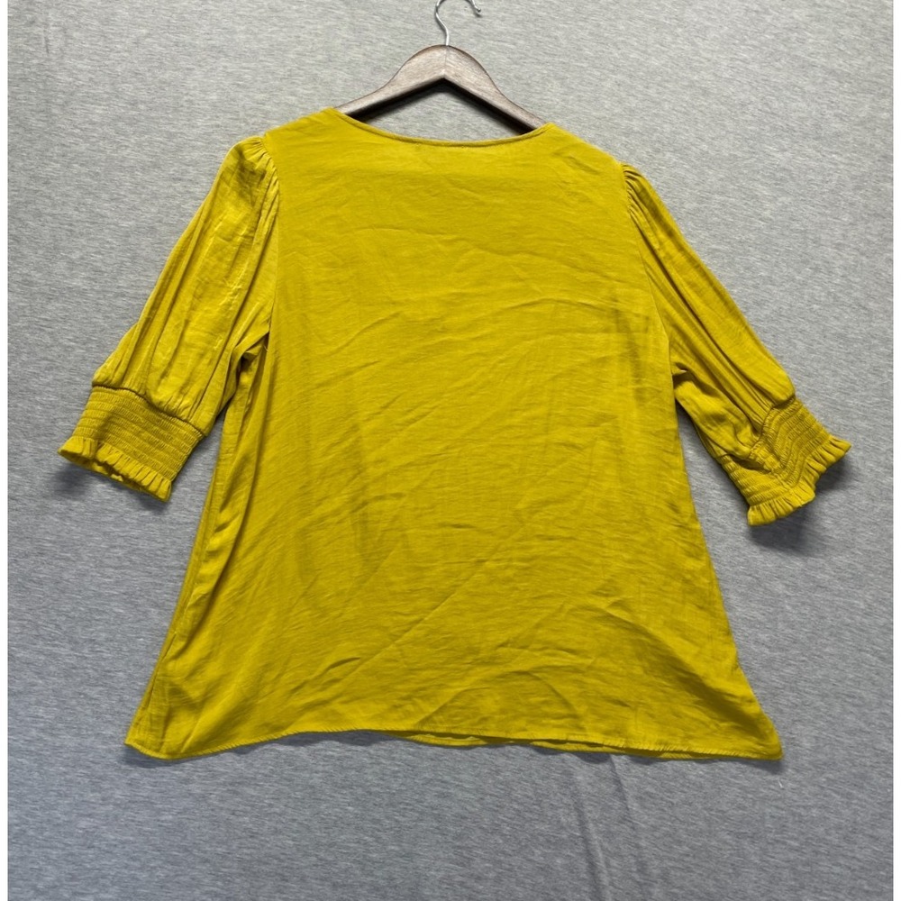 Rachel Zoe Blouse Top Womens Large Mustard Yellow 3/4 Puff Sleeve Smocked Cuff - Picture 2 of 7